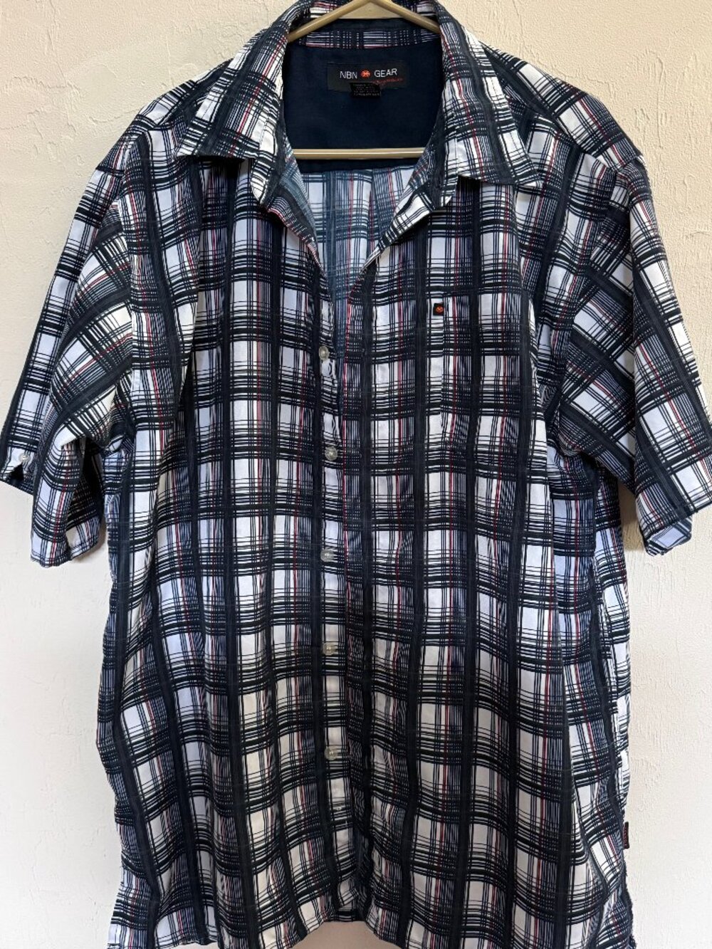 NBN Gear Men's XL Navy White Plaid Short Sleeve Button-Up Shirt